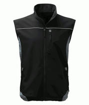 Black softshell work vest with reflective piping and zippered pockets, designed for durability and comfort in industrial and outdoor work environments. High-quality workwear by MAK Boots & Garments.
