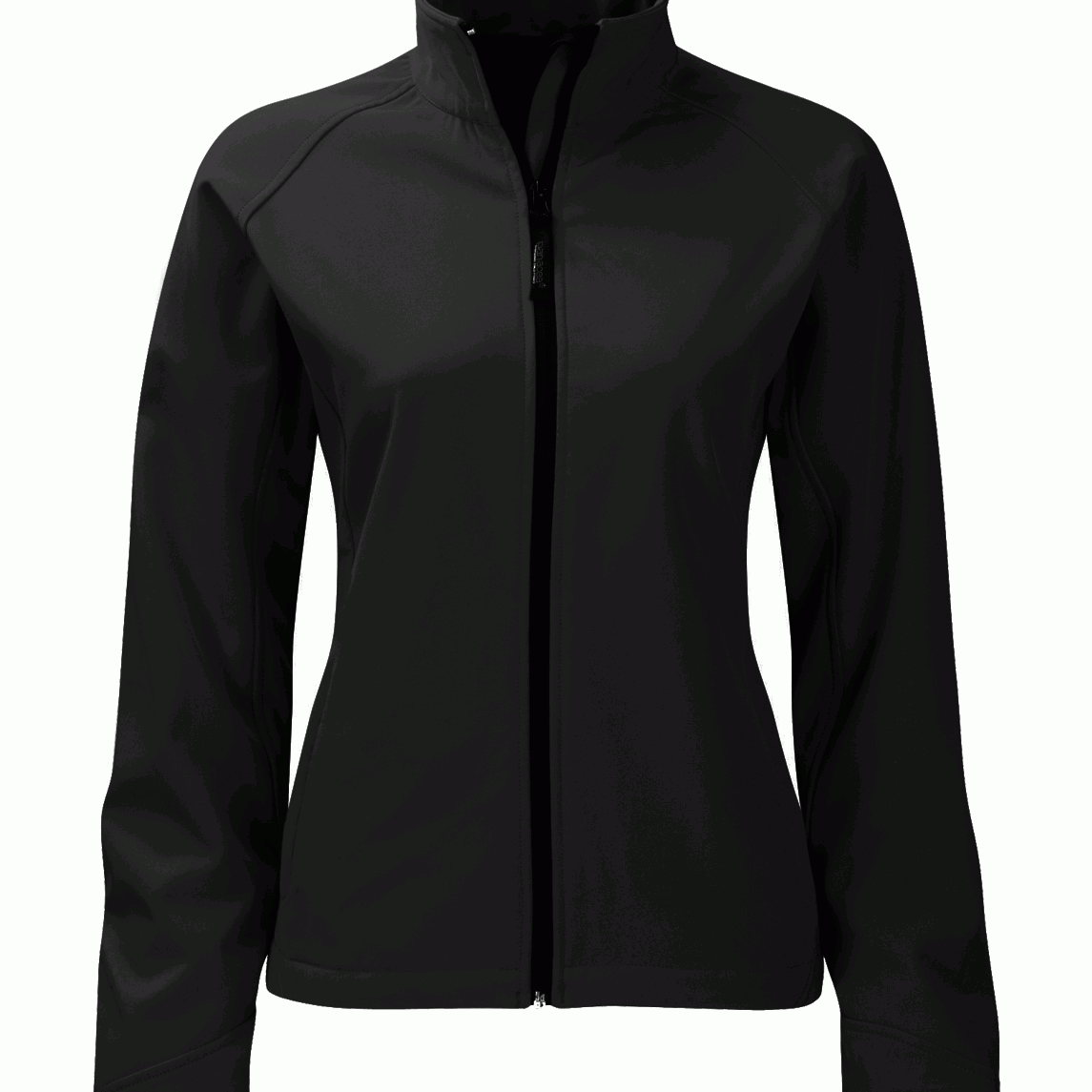 Women's black softshell jacket with full front zip and stand-up collar. Lightweight, breathable, and tailored for a slim fit. Ideal for layering in variable weather.