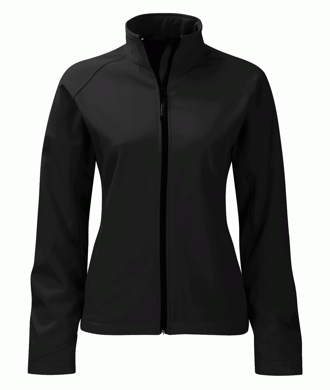 Women's black softshell jacket with full front zip and stand-up collar. Lightweight, breathable, and tailored for a slim fit. Ideal for layering in variable weather.