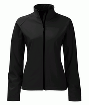 Women's black softshell jacket with full front zip and stand-up collar. Lightweight, breathable, and tailored for a slim fit. Ideal for layering in variable weather.