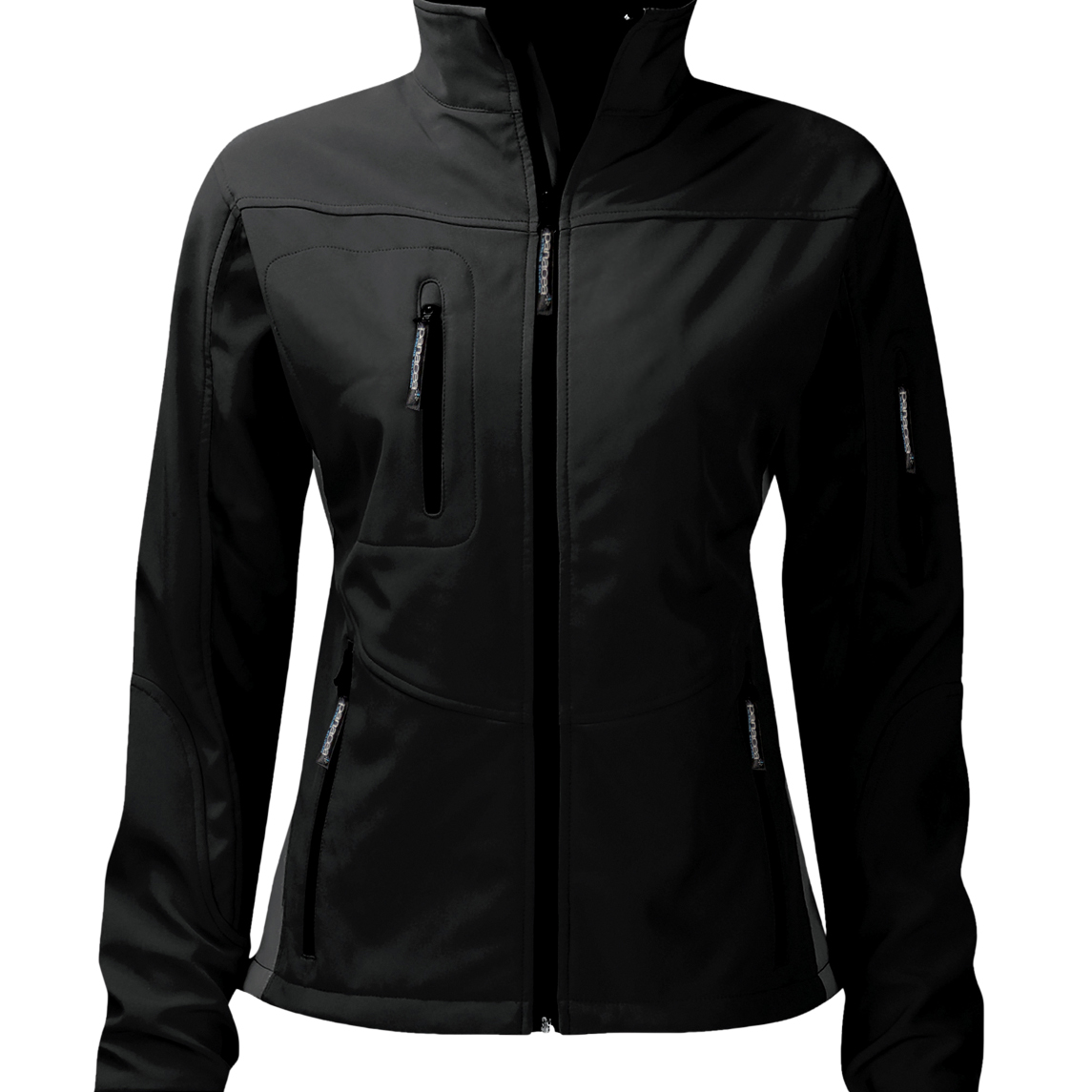 Women's black softshell jacket with multiple zipped pockets, ergonomic fit, adjustable cuffs, and high protective collar, providing comfort and functionality. Ideal for outdoor use and stylish everyday wear. By MAK Boots & Garments.