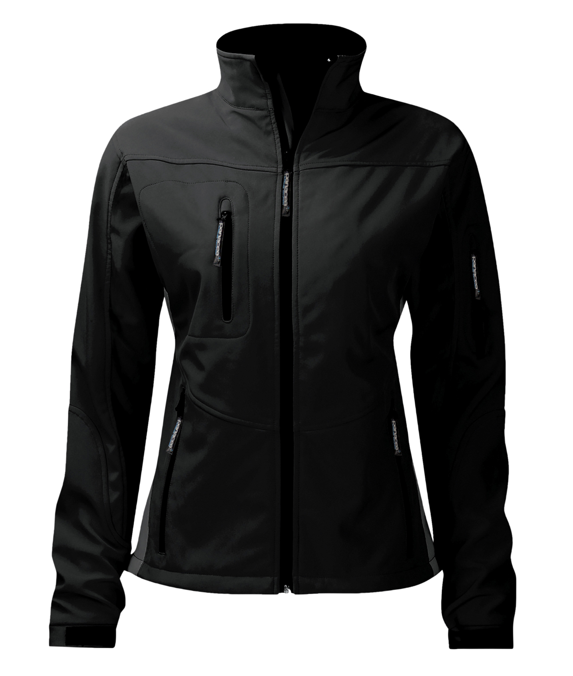 Women's black softshell jacket with multiple zipped pockets, ergonomic fit, adjustable cuffs, and high protective collar, providing comfort and functionality. Ideal for outdoor use and stylish everyday wear. By MAK Boots & Garments.