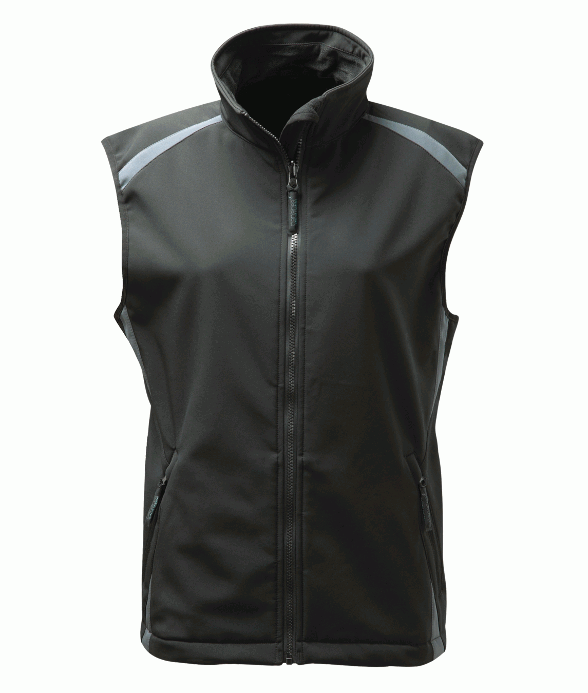 Women's Grey softshell work vest with reflective piping and zippered pockets, designed for durability, comfort, and a tailored fit in industrial and outdoor work environments. High-quality ladies' workwear by MAK Boots & Garments.