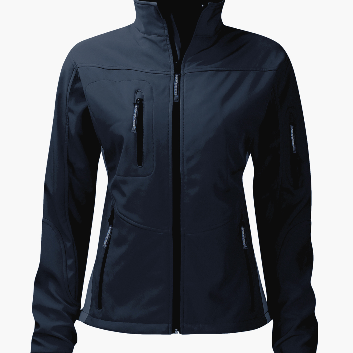 Women's navy blue softshell jacket featuring multiple zipped pockets, ergonomic fit, adjustable cuffs, and a protective high collar. Ideal for outdoor activities and designed for style and comfort. By MAK Boots & Garments.