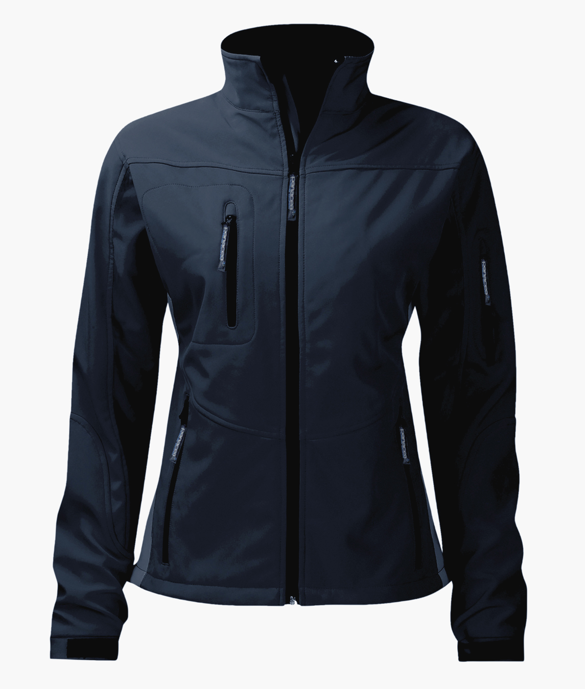 Women's navy blue softshell jacket featuring multiple zipped pockets, ergonomic fit, adjustable cuffs, and a protective high collar. Ideal for outdoor activities and designed for style and comfort. By MAK Boots & Garments.