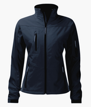 Women's navy blue softshell jacket featuring multiple zipped pockets, ergonomic fit, adjustable cuffs, and a protective high collar. Ideal for outdoor activities and designed for style and comfort. By MAK Boots & Garments.