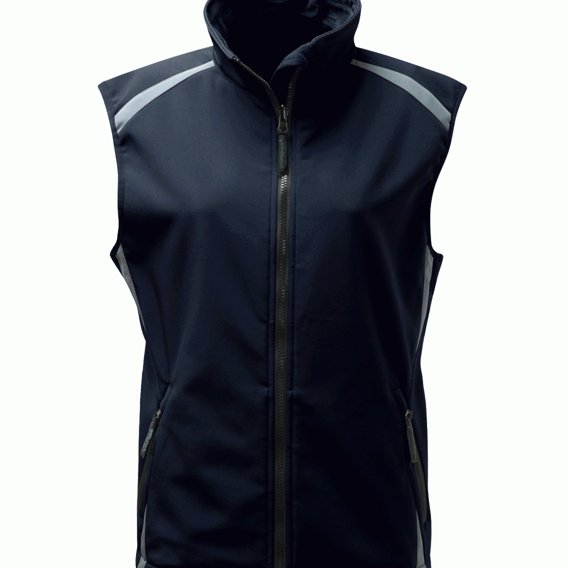 women's navy softshell work vest with reflective piping and zippered pockets, designed for durability, comfort, and a tailored fit in industrial and outdoor work environments. High-quality ladies' workwear by MAK Boots & Garments.