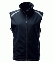 women's navy softshell work vest with reflective piping and zippered pockets, designed for durability, comfort, and a tailored fit in industrial and outdoor work environments. High-quality ladies' workwear by MAK Boots & Garments.