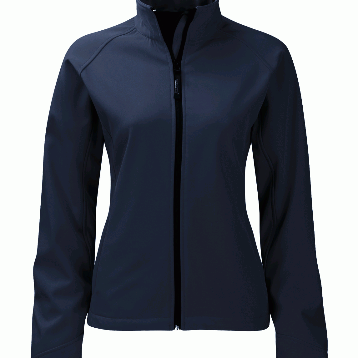 Women's navy softshell jacket with full front zip and stand-up collar. Lightweight, breathable, and tailored for a slim fit. Ideal for layering in variable weather
