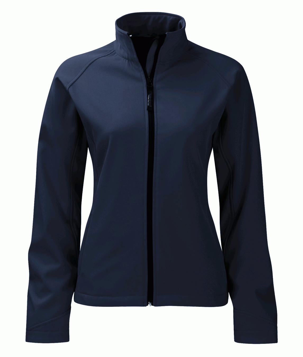 Women's navy softshell jacket with full front zip and stand-up collar. Lightweight, breathable, and tailored for a slim fit. Ideal for layering in variable weather