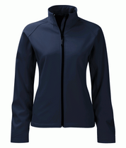 Women's navy softshell jacket with full front zip and stand-up collar. Lightweight, breathable, and tailored for a slim fit. Ideal for layering in variable weather