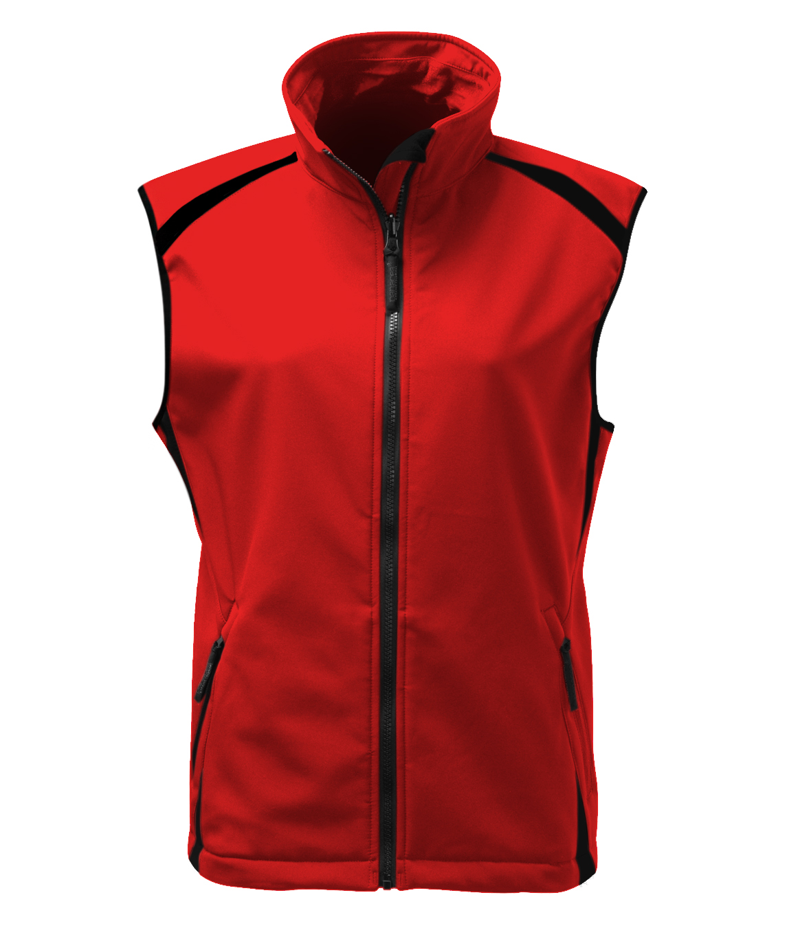 women's red softshell work vest with reflective piping and zippered pockets, designed for durability, comfort, and a tailored fit in industrial and outdoor work environments. High-quality ladies' workwear by MAK Boots & Garments