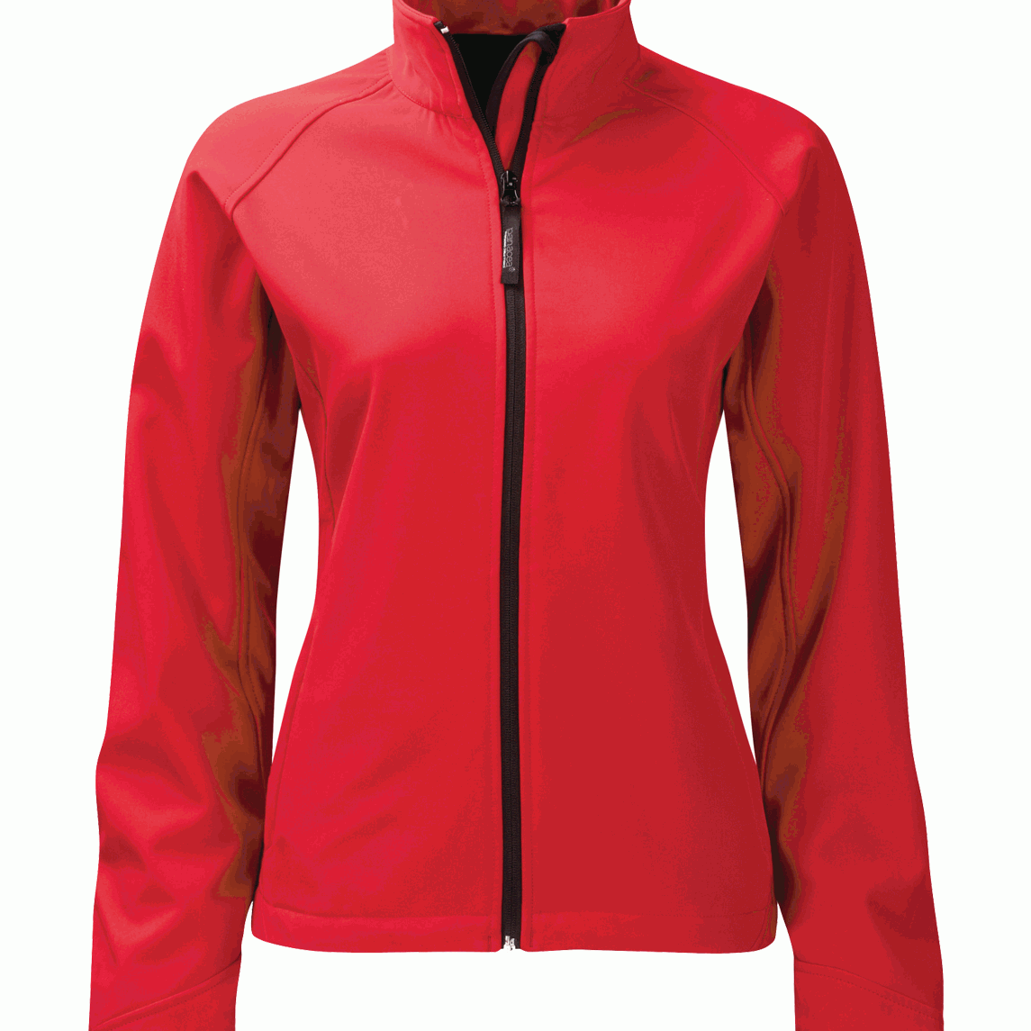 Women's red softshell jacket with full front zip and stand-up collar. Lightweight, breathable, and tailored for a slim fit. Ideal for layering in variable weather
