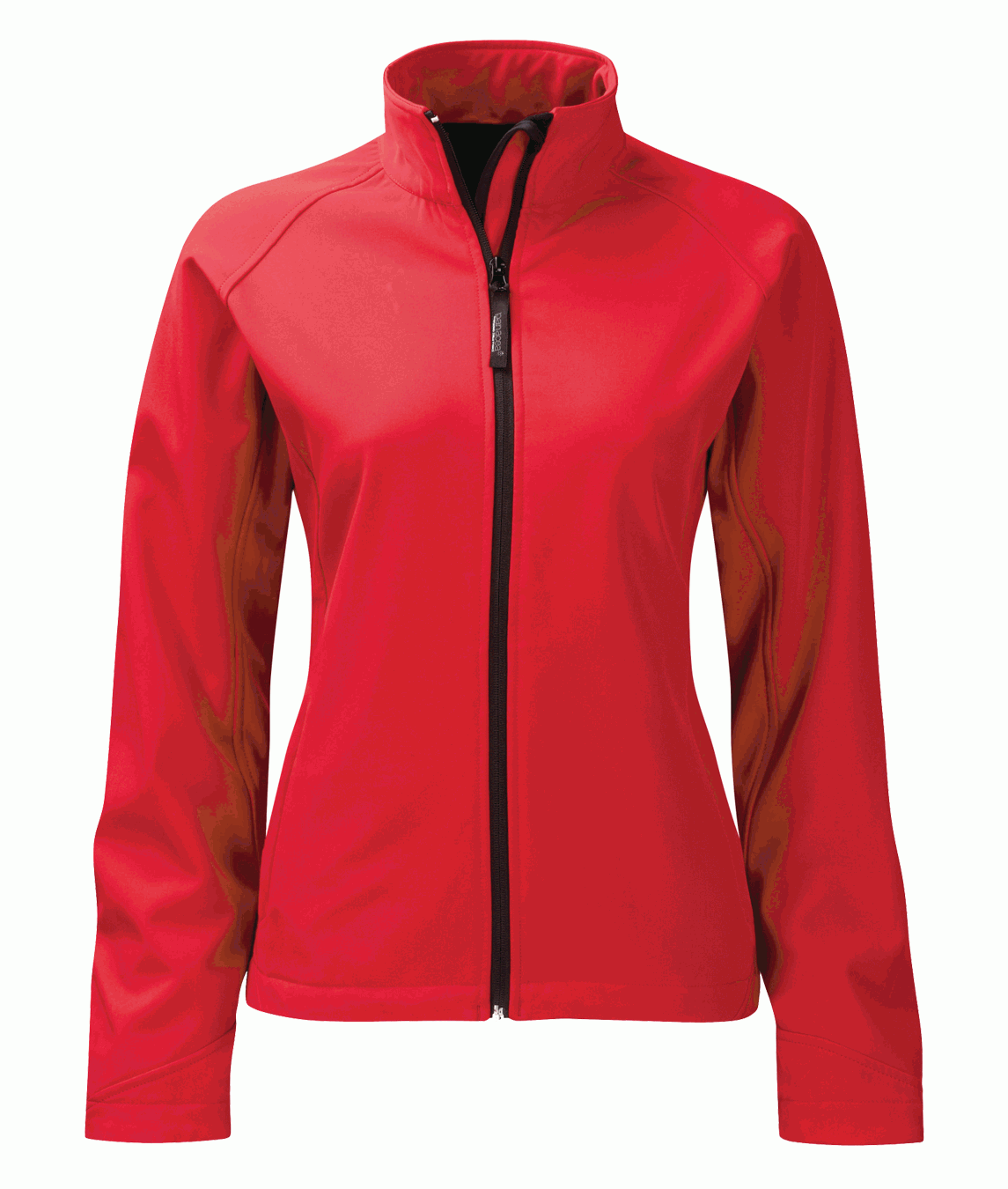 Women's red softshell jacket with full front zip and stand-up collar. Lightweight, breathable, and tailored for a slim fit. Ideal for layering in variable weather