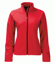 Women's red softshell jacket with full front zip and stand-up collar. Lightweight, breathable, and tailored for a slim fit. Ideal for layering in variable weather