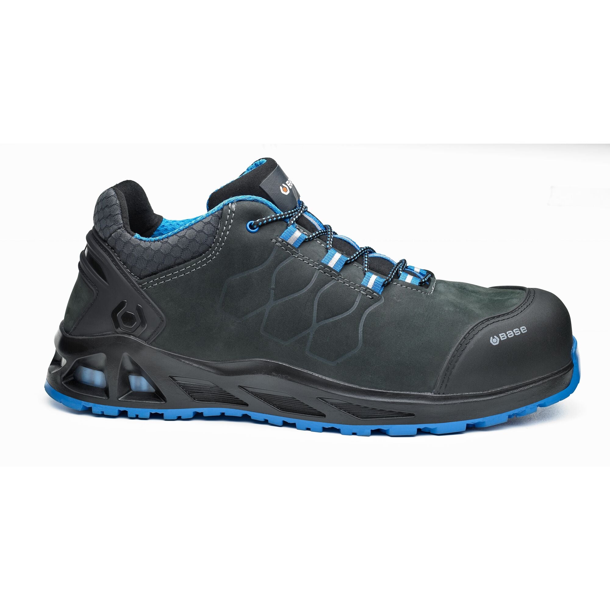 ASE K-Road S3 HRO CI SRC Safety Boots – side view in grey and blue, with water-resistant nubuck upper and i-daptive® sole technology.