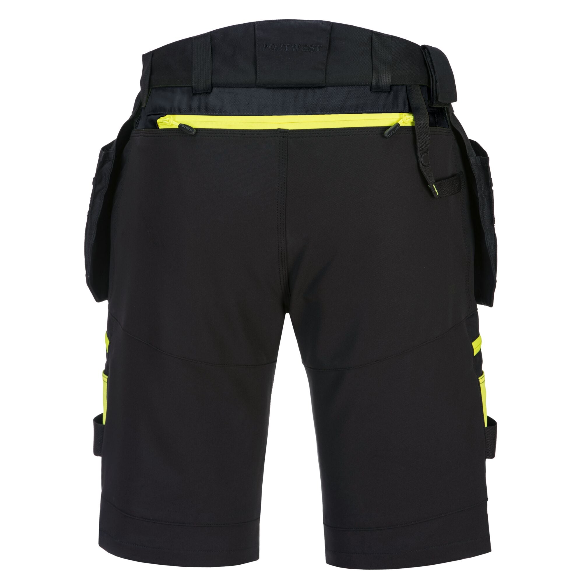 Back view of Portwest DX4 detachable holster pocket shorts in black with triple-stitched seams