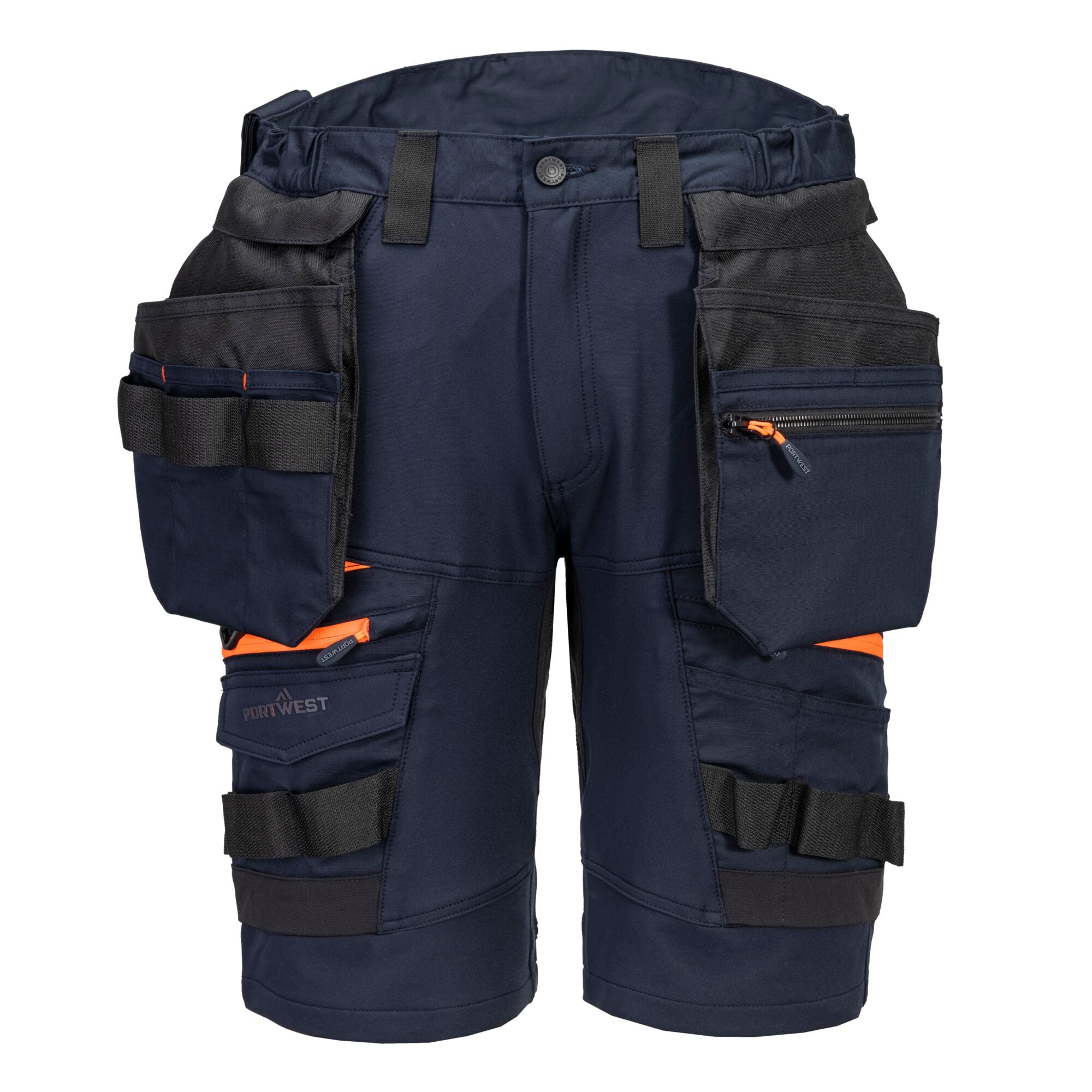 Portwest DX4 detachable holster pocket work shorts – front view in navy with tool pockets