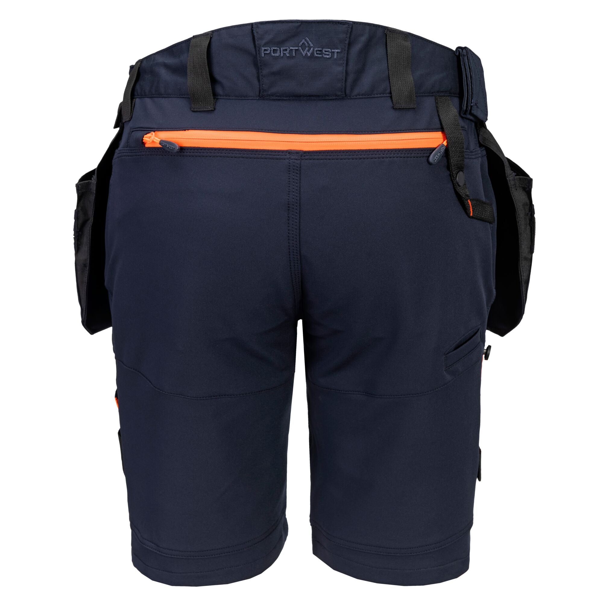 Back view of Portwest DX4 detachable holster pocket shorts in navy with triple-stitched seams