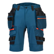 Side profile of Portwest DX4 work shorts in blue showing ergonomic fit and stretch fabric panels
