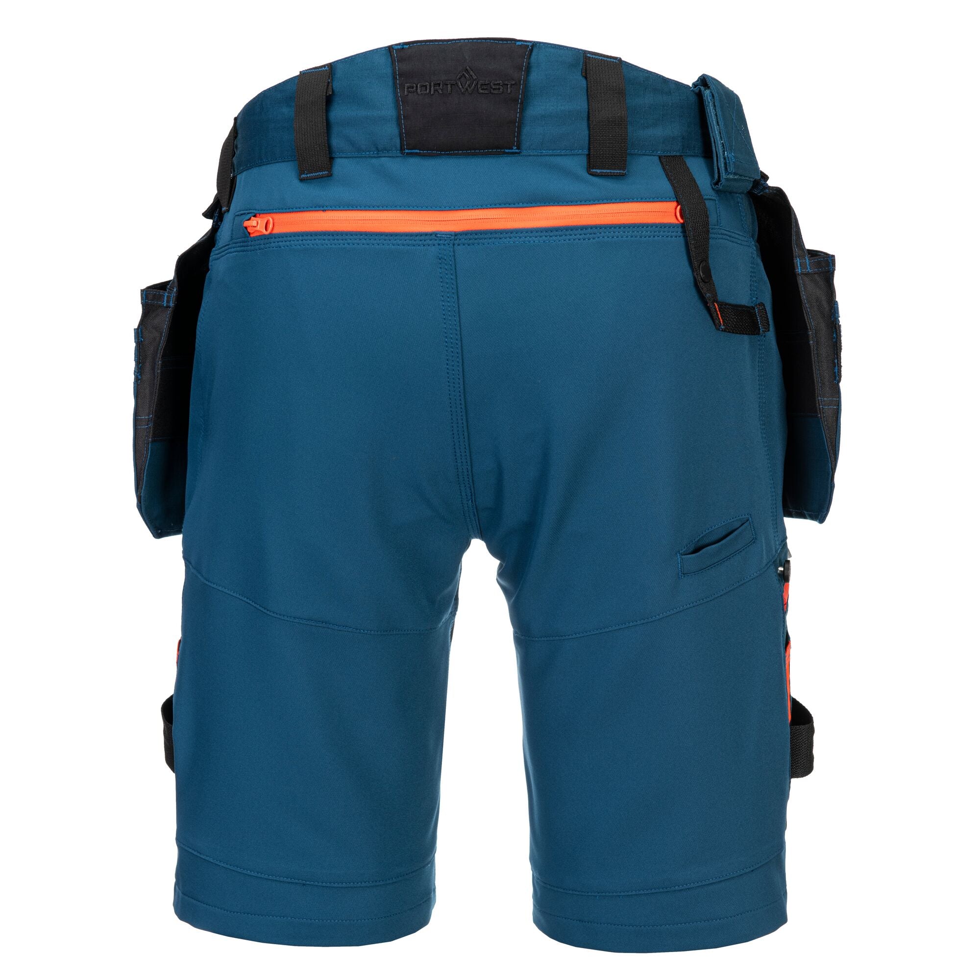 Back view of Portwest DX4 detachable holster pocket shorts in blue with triple-stitched seams