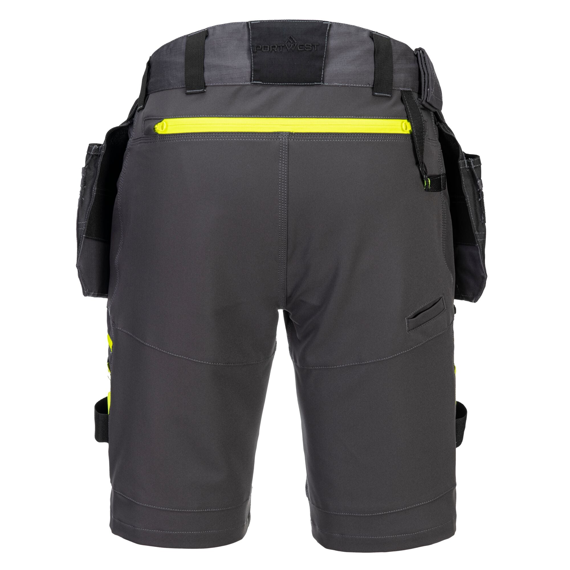 Back view of Portwest DX4 detachable holster pocket shorts in grey with triple-stitched seams