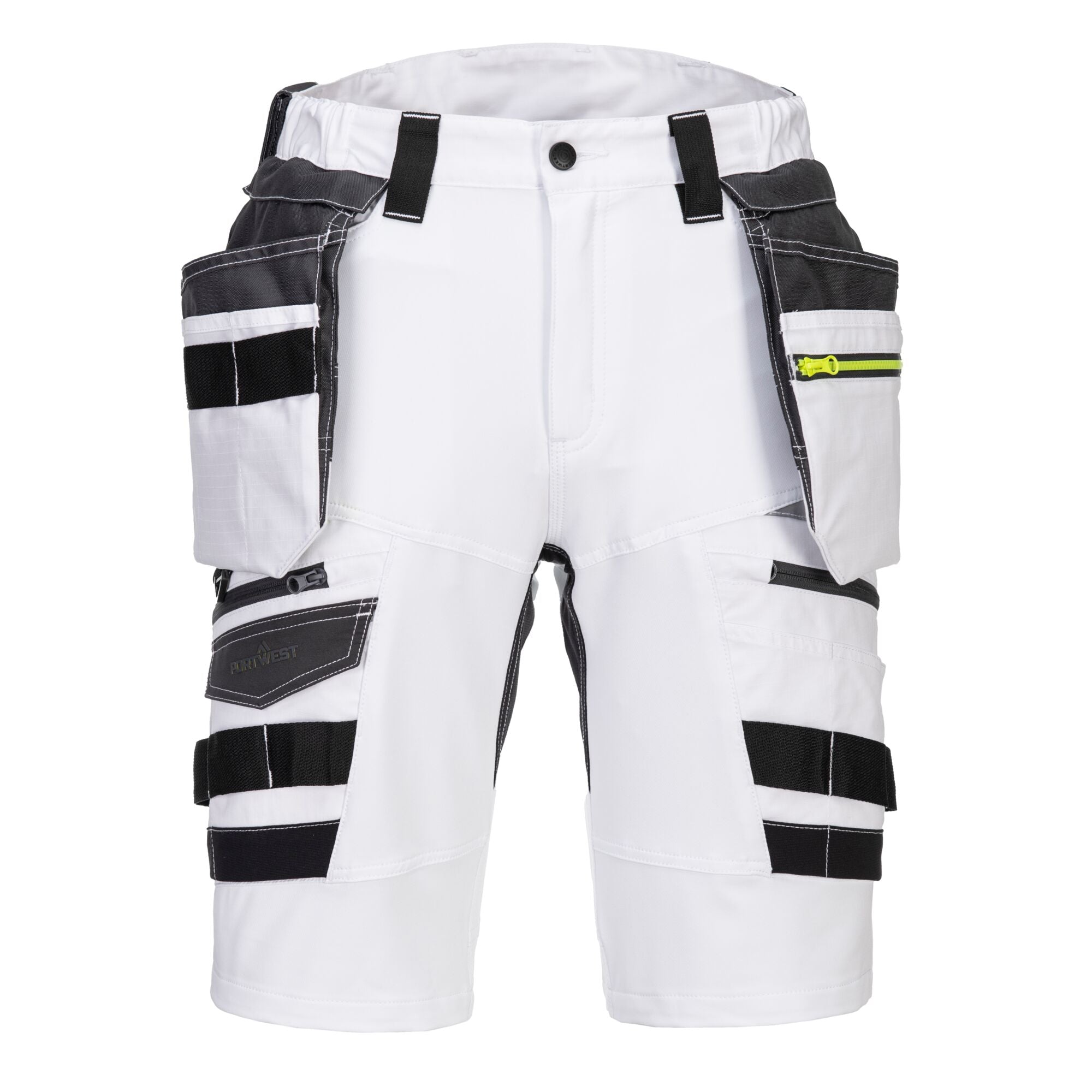 Portwest DX4 detachable holster pocket work shorts – front view in white with tool pockets