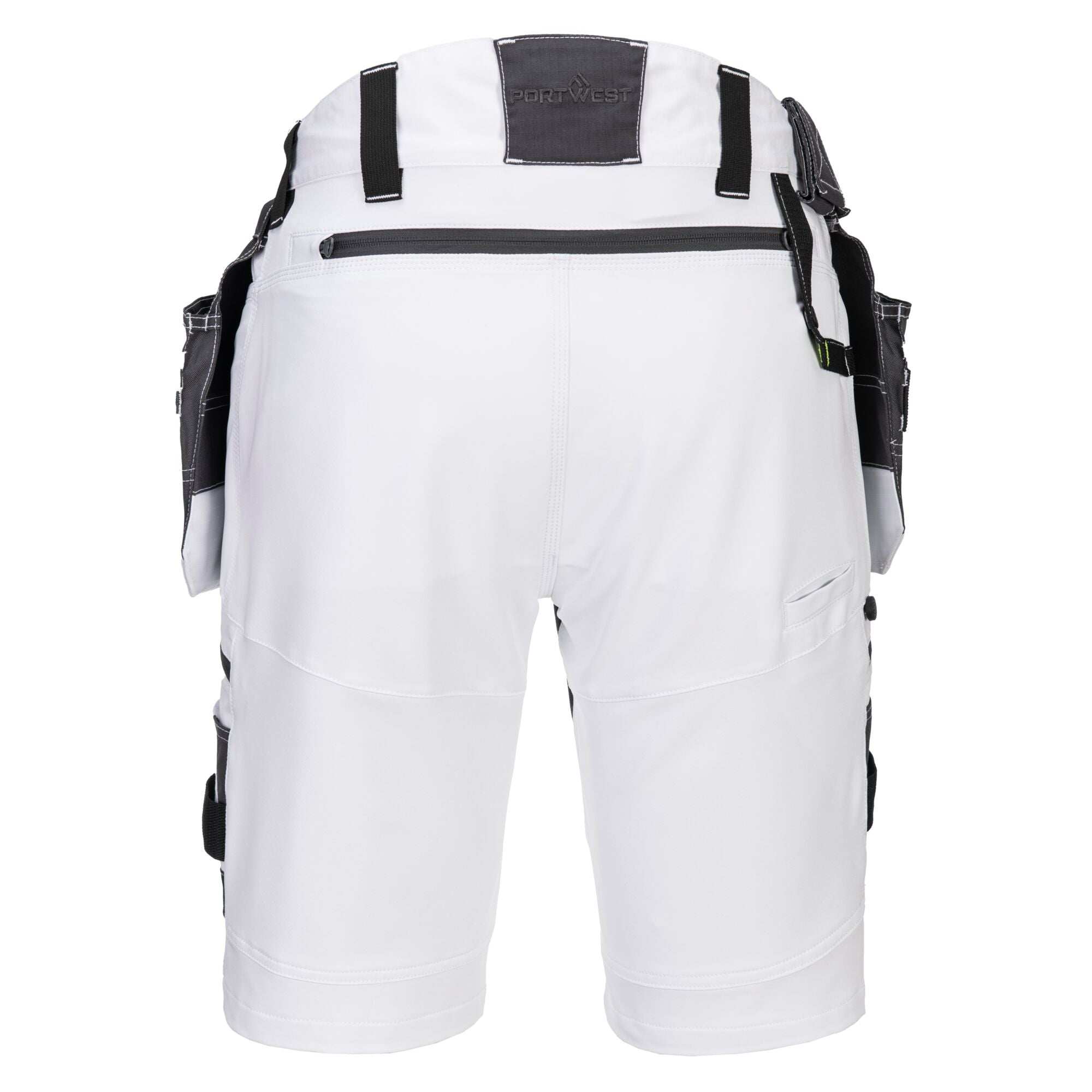 Back view of Portwest DX4 detachable holster pocket shorts in white with triple-stitched seams