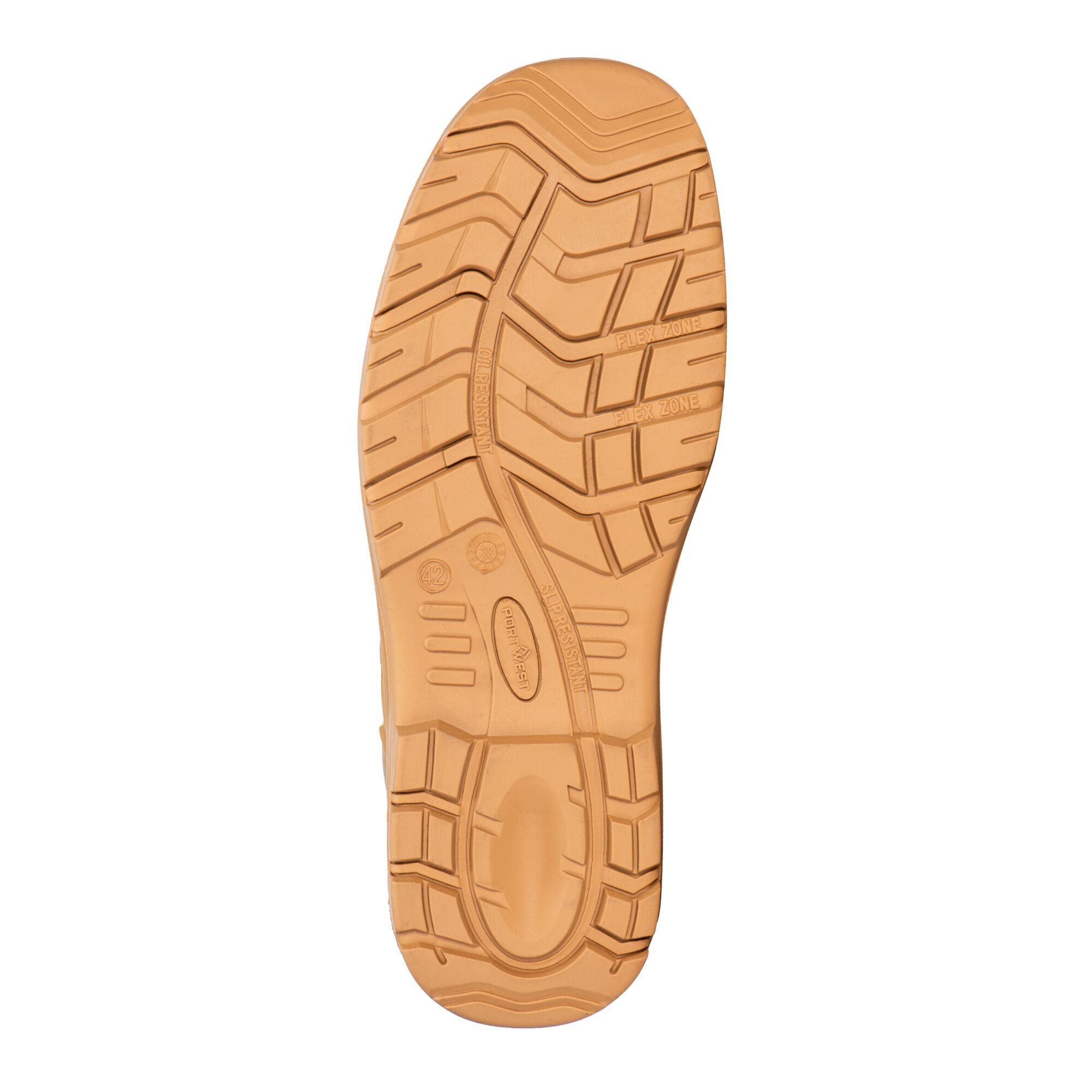 Close-up of the Portwest Wheat safety boot sole showing deep tread pattern, oil-resistant, slip-resistant rubber for secure traction on site