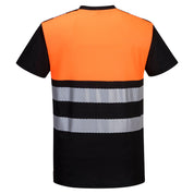 Back view of Portwest PW3 Hi-Vis Cotton Comfort Class 1 T-Shirt S/S in orange/black, highlighting the breathable cotton-blend fabric and ventilation openings
