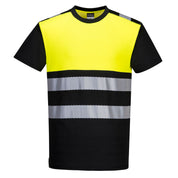 Portwest PW3 Hi-Vis Cotton Comfort Class 1 T-Shirt S/S – front view in yellow/black, featuring segmented HiVisTex Pro reflective tape and contrast panels.