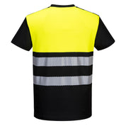 Back view of Portwest PW3 Hi-Vis Cotton Comfort Class 1 T-Shirt S/S in yellow/black, highlighting the breathable cotton-blend fabric and ventilation openings
